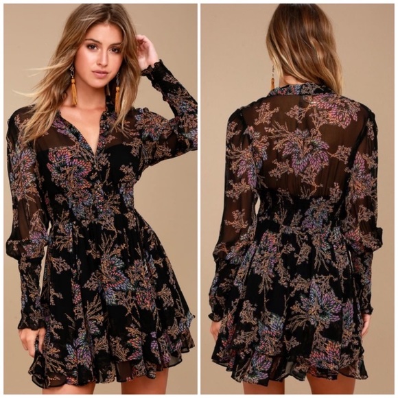 Free People Dresses & Skirts - Free People Fake Pretend Black Floral Print Long Sleeve Mini Dress S